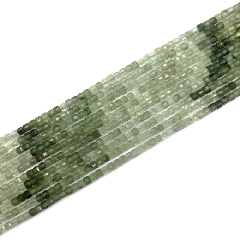 Gradient Green Rutilated Quartz Faceted Cubes, Approx 2mm, 38cm/strand