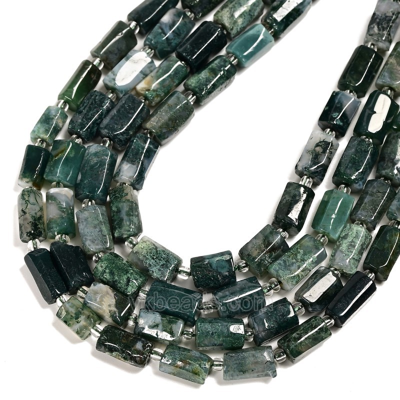 Moss Agate Irregular Faceted Column Beads Strands, Approx 7x12mm, 38cm/strand