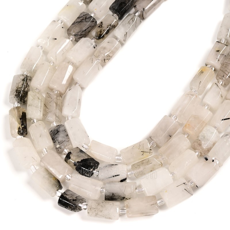 Black Rutilated Quartz Irregular Faceted Column Beads Strands, Approx 7x12mm, 38cm/strand