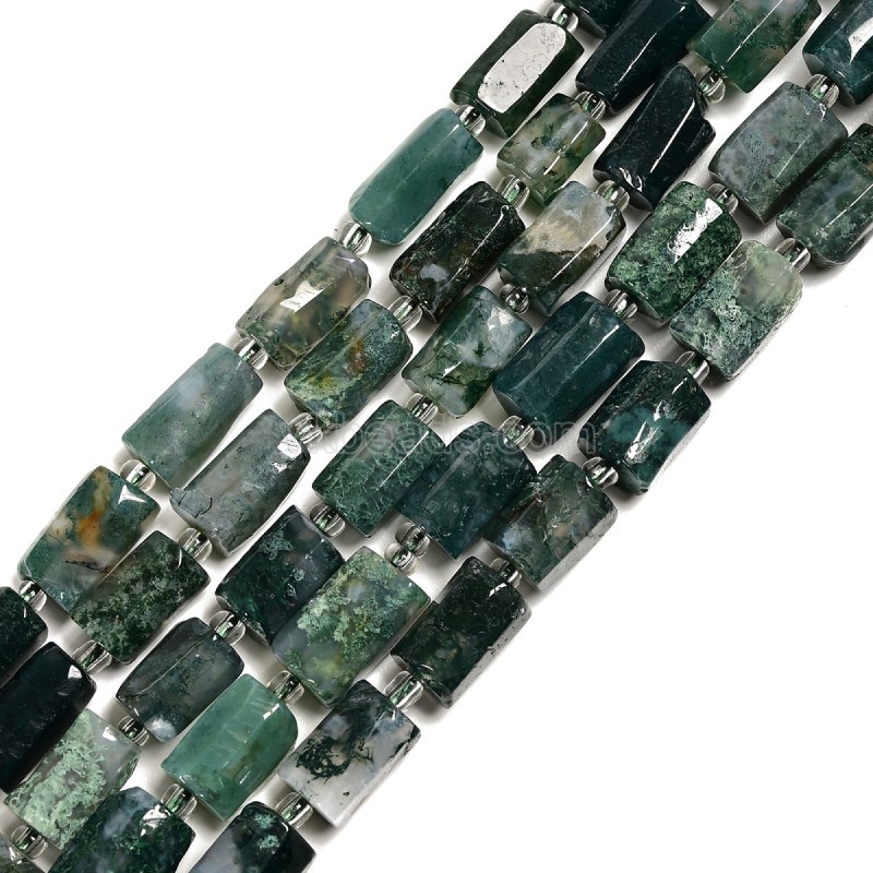 Moss Agate Irregular Faceted Column Beads Strands, Approx 7x12mm, 38cm/strand