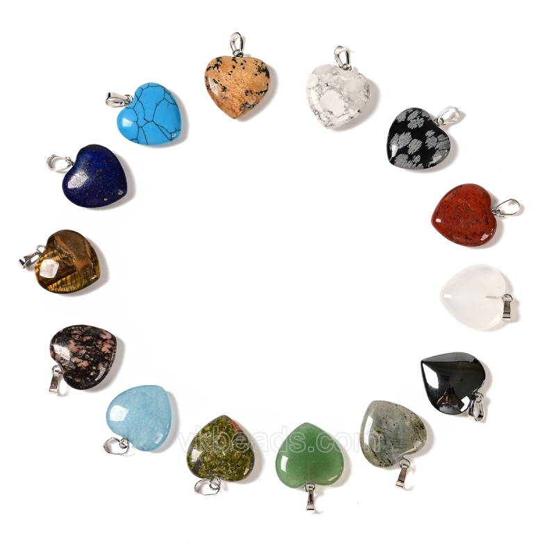 Natural Gemstone Smooth Puffy Heart Charm Pendants, with Rhodium Plated Base Metal Pinch, Approx 20mm, Sell by Piece