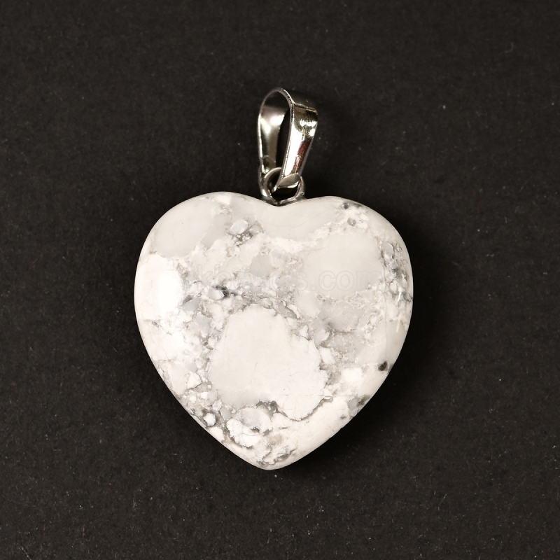 Natural Gemstone Smooth Puffy Heart Charm Pendants, with Rhodium Plated Base Metal Pinch, Approx 20mm, Sell by Piece