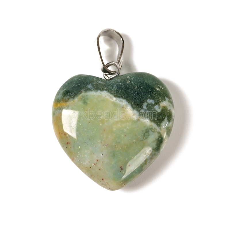 Natural Gemstone Smooth Puffy Heart Charm Pendants, with Rhodium Plated Base Metal Pinch, Approx 20mm, Sell by Piece
