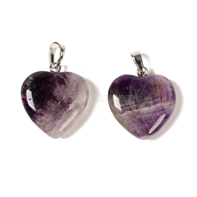 Natural Gemstone Smooth Puffy Heart Charm Pendants, with Rhodium Plated Base Metal Pinch, Approx 20mm, Sell by Piece