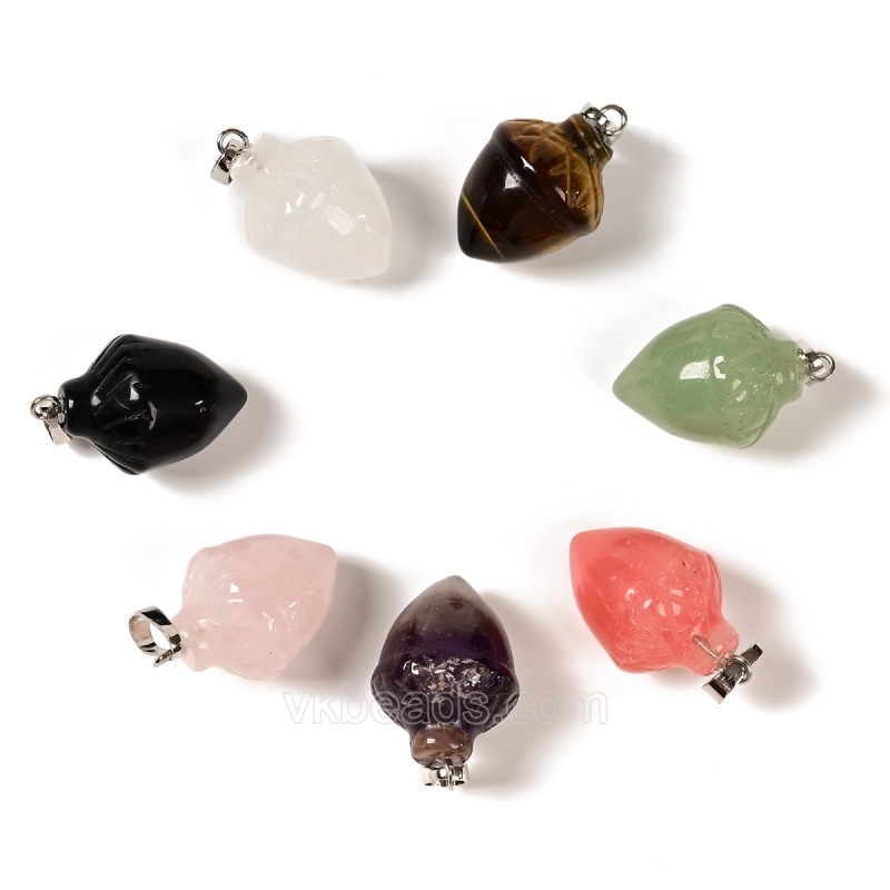 Green Aventurine Carved Pine Nuts Charm Pendants, with Rhodium Plated Base Metal Pinch, Approx 15x20mm, Sell by Piece