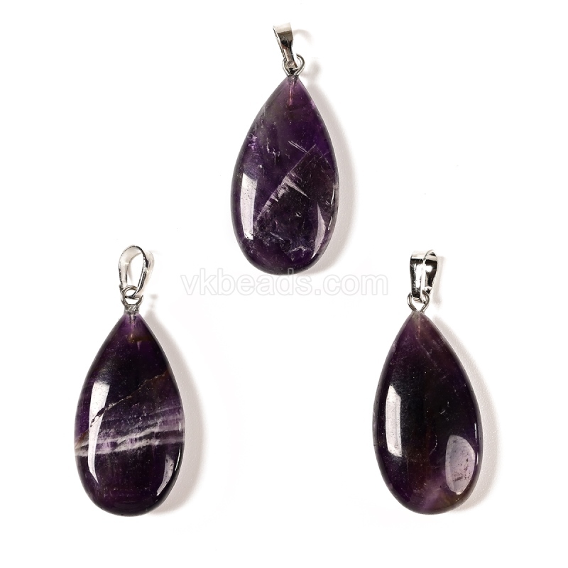Gemstone Smooth Puffy Teardrop Charm Pendants, with Rhodium Plated Base Metal Pinch, Approx 15x30mm, Sell by Piece