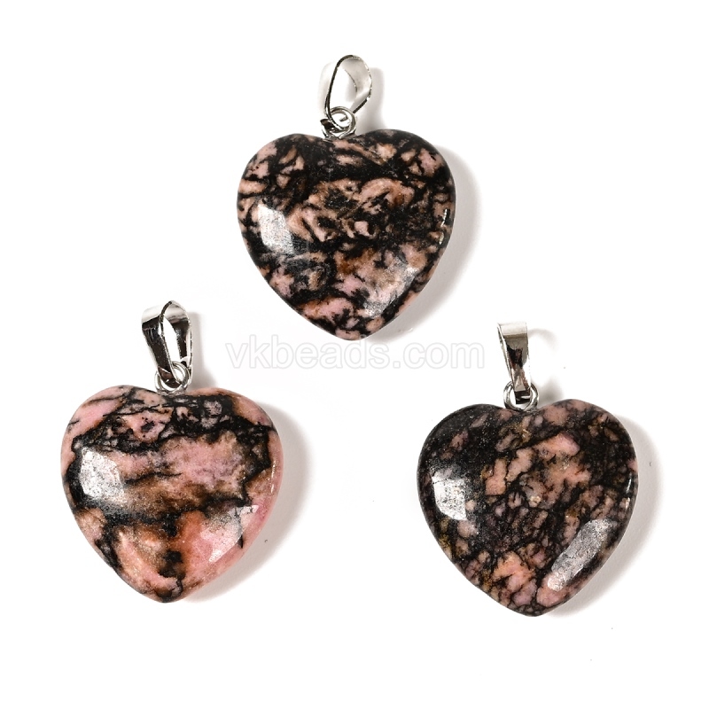Natural Gemstone Smooth Puffy Heart Charm Pendants, with Rhodium Plated Base Metal Pinch, Approx 20mm, Sell by Piece