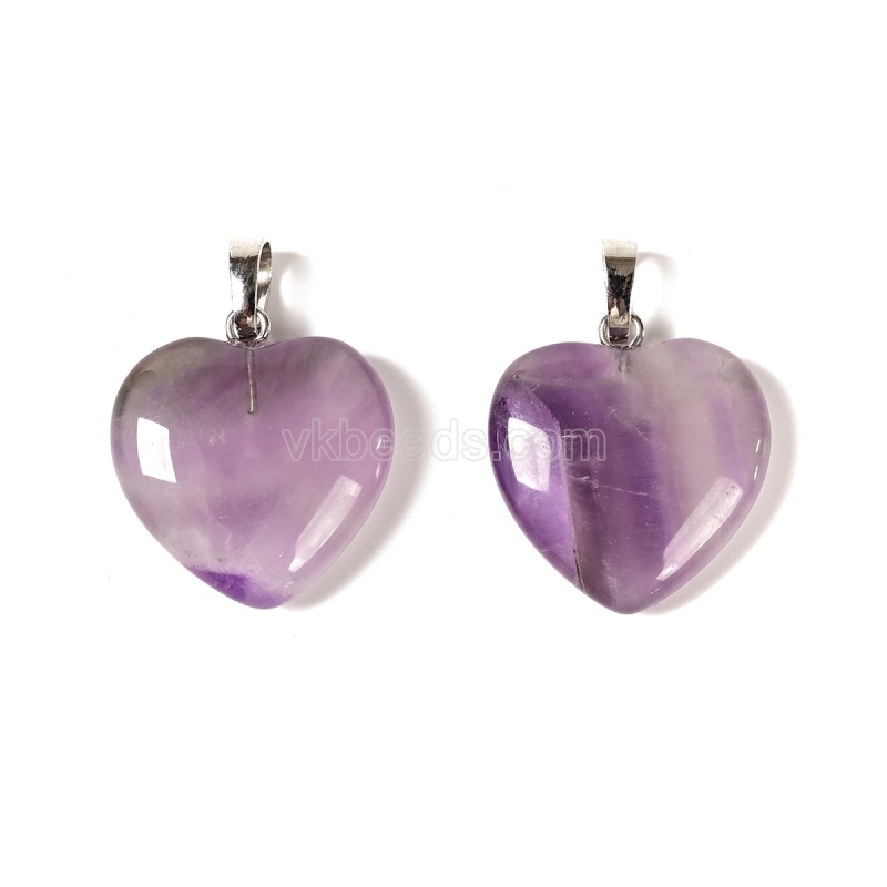 Natural Gemstone Smooth Puffy Heart Charm Pendants, with Rhodium Plated Base Metal Pinch, Approx 20mm, Sell by Piece