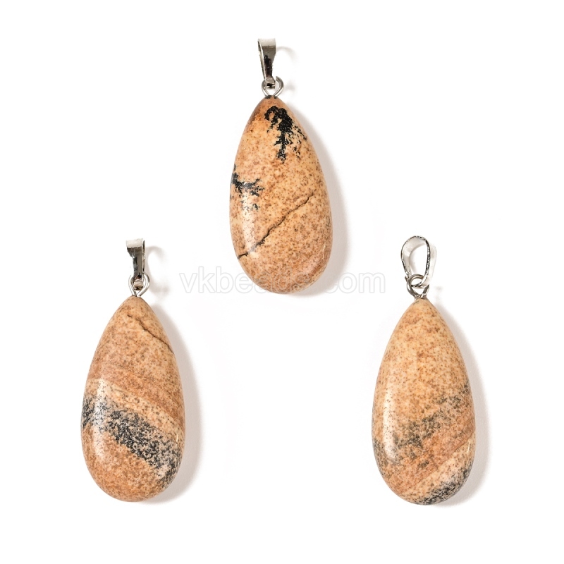Gemstone Smooth Puffy Teardrop Charm Pendants, with Rhodium Plated Base Metal Pinch, Approx 15x30mm, Sell by Piece