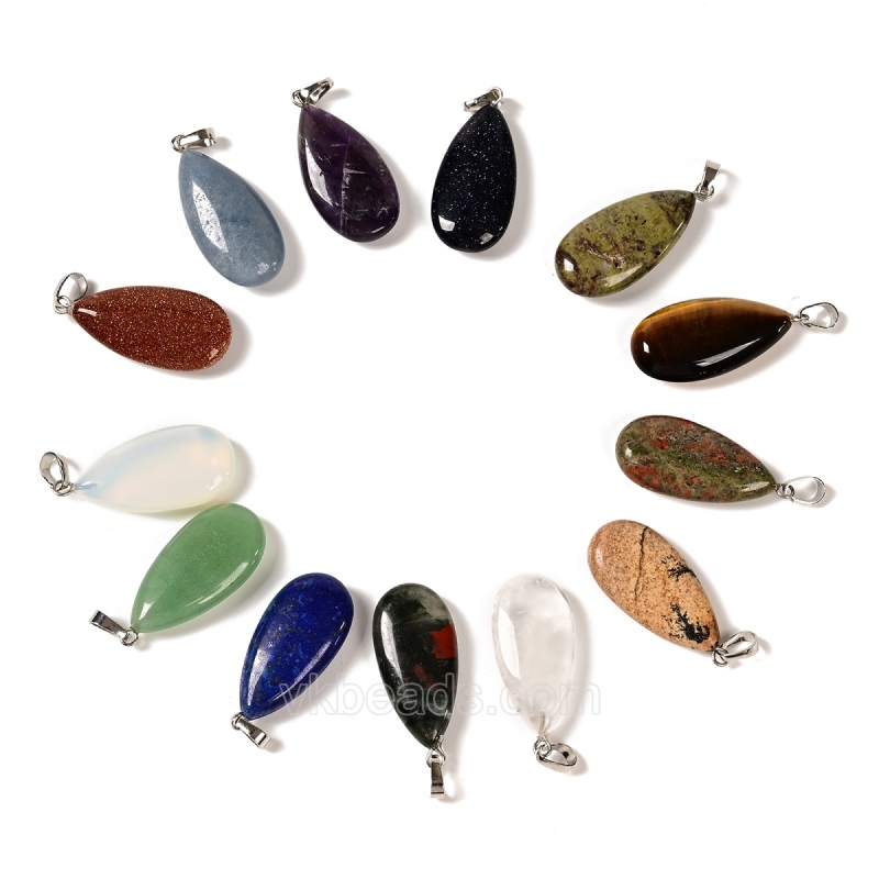 Gemstone Smooth Puffy Teardrop Charm Pendants, with Rhodium Plated Base Metal Pinch, Approx 15x30mm, Sell by Piece