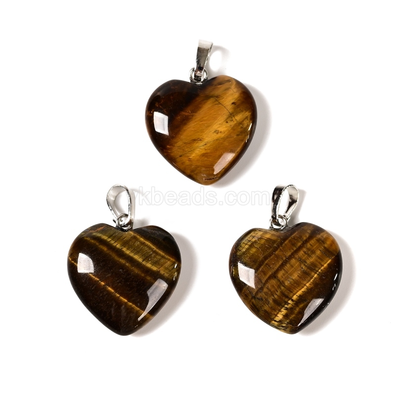 Natural Gemstone Smooth Puffy Heart Charm Pendants, with Rhodium Plated Base Metal Pinch, Approx 20mm, Sell by Piece