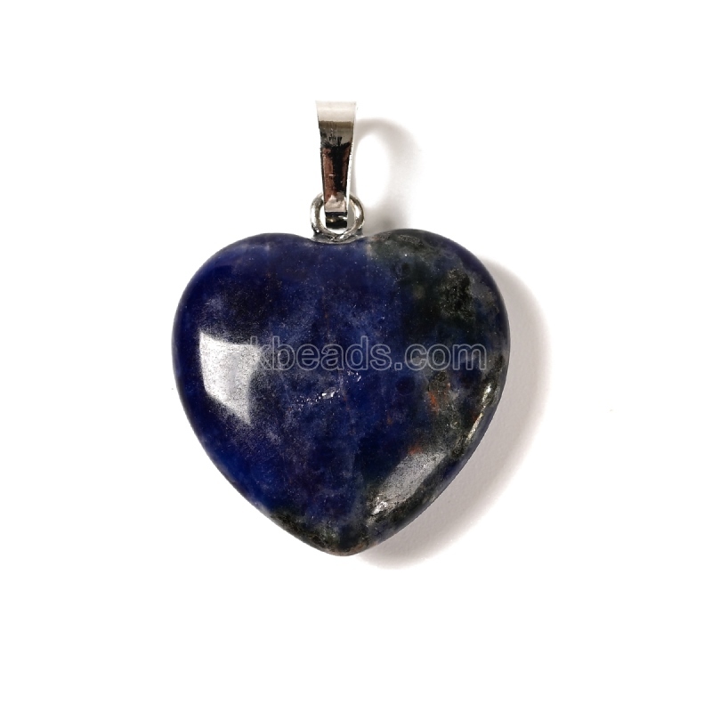 Natural Gemstone Smooth Puffy Heart Charm Pendants, with Rhodium Plated Base Metal Pinch, Approx 20mm, Sell by Piece