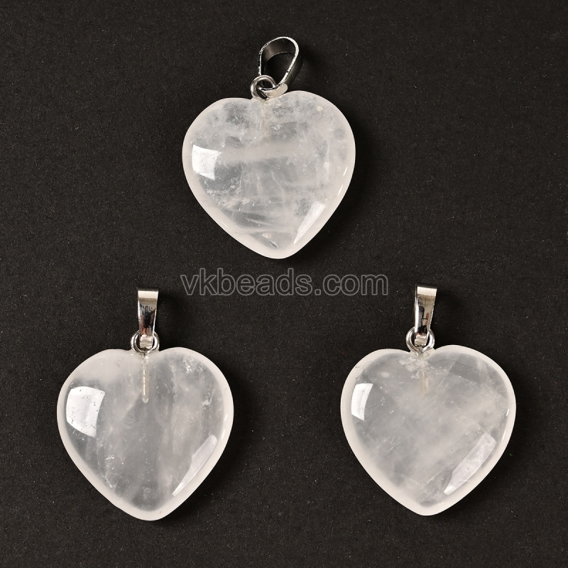 Natural Gemstone Smooth Puffy Heart Charm Pendants, with Rhodium Plated Base Metal Pinch, Approx 20mm, Sell by Piece