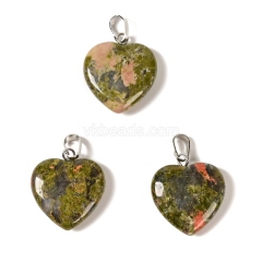 Natural Gemstone Smooth Puffy Heart Charm Pendants, with Rhodium Plated Base Metal Pinch, Approx 20mm, Sell by Piece
