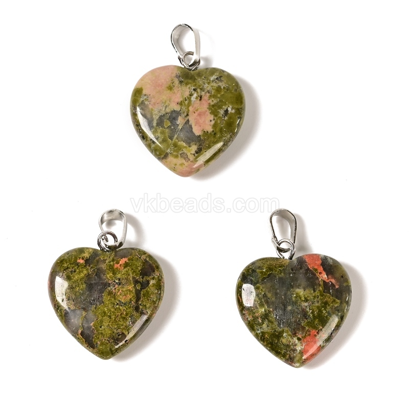 Natural Gemstone Smooth Puffy Heart Charm Pendants, with Rhodium Plated Base Metal Pinch, Approx 20mm, Sell by Piece