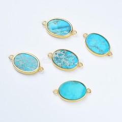 Blue Turquoise Color Imperial Jasper Gold Plated Base Metal Flat Oval Connectors, Approx 14x18mm, Sell by Piece