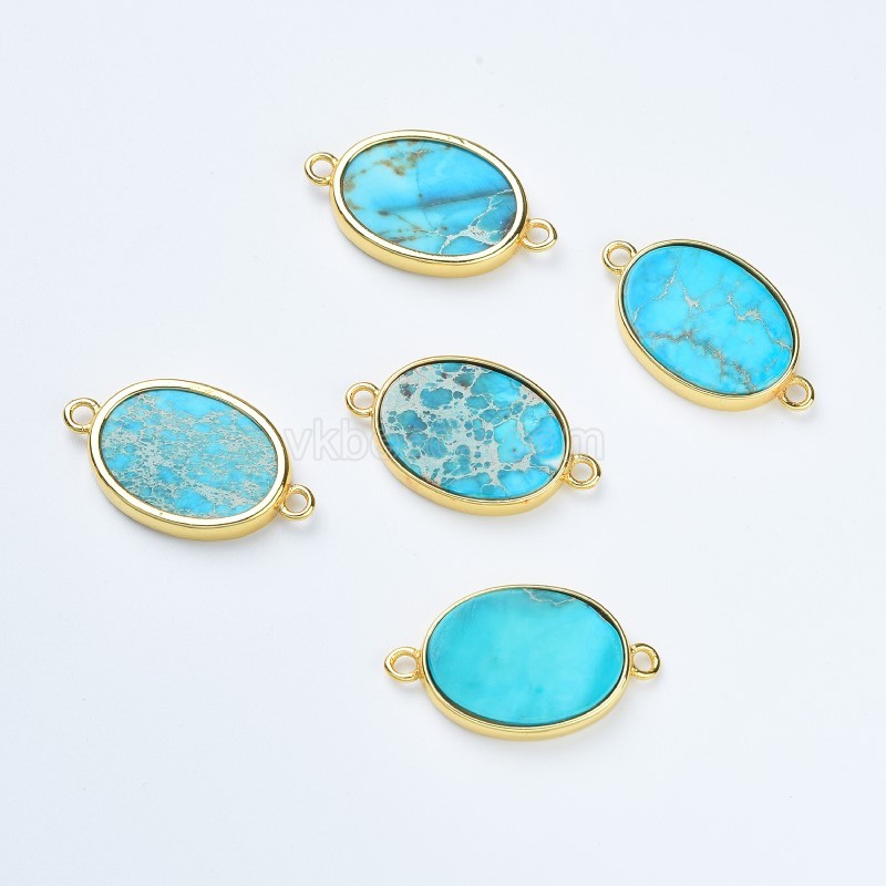 Blue Turquoise Color Imperial Jasper Gold Plated Base Metal Flat Oval Connectors, Approx 14x18mm, Sell by Piece