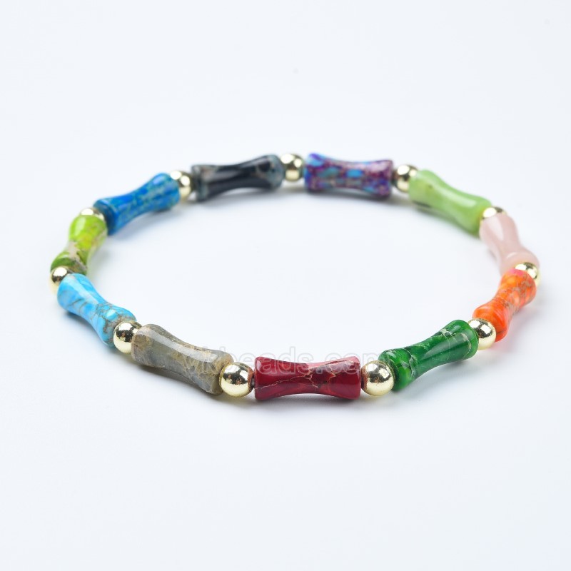 Multicolor Imperial Jasper Bamboo Joints Stretch Bracelets, Approx 5x13mm, Sell by Piece