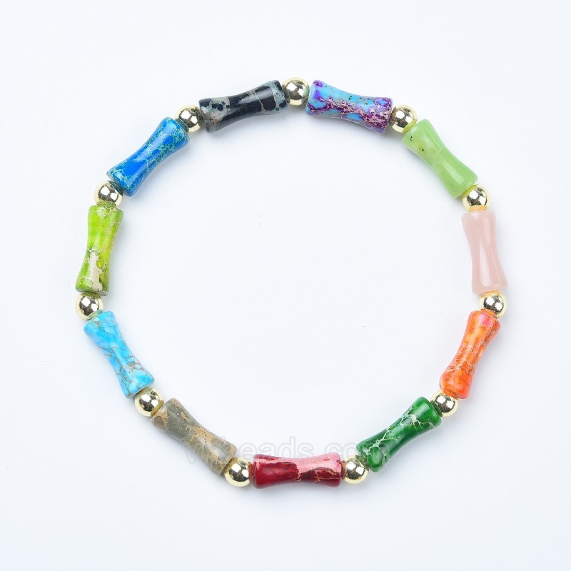 Multicolor Imperial Jasper Bamboo Joints Stretch Bracelets, Approx 5x13mm, Sell by Piece
