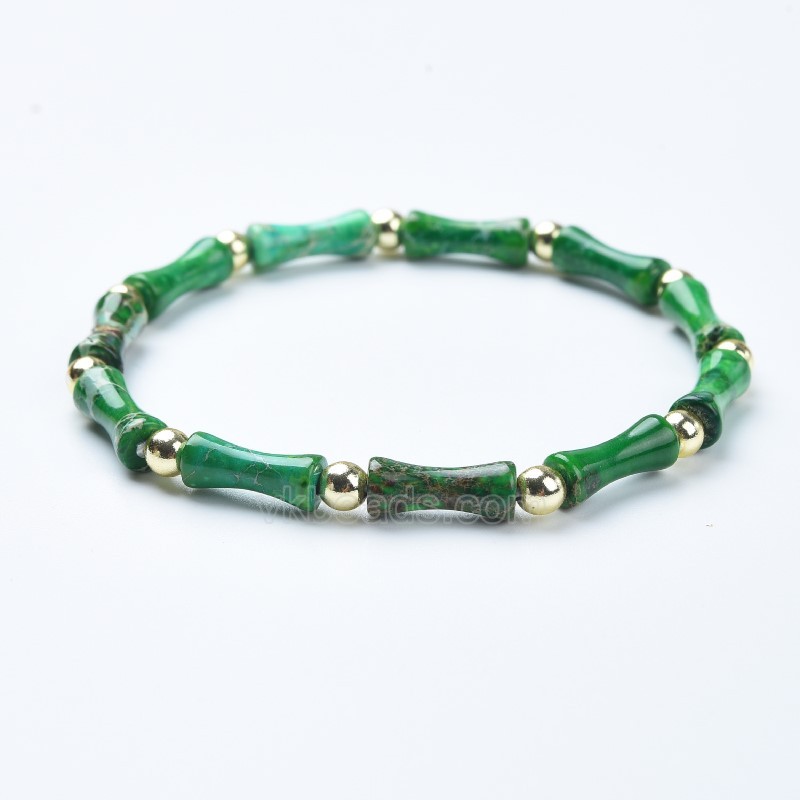 Green Imperial Jasper Bamboo Joints Stretch Bracelets, Approx 5x13mm, Sell by Piece