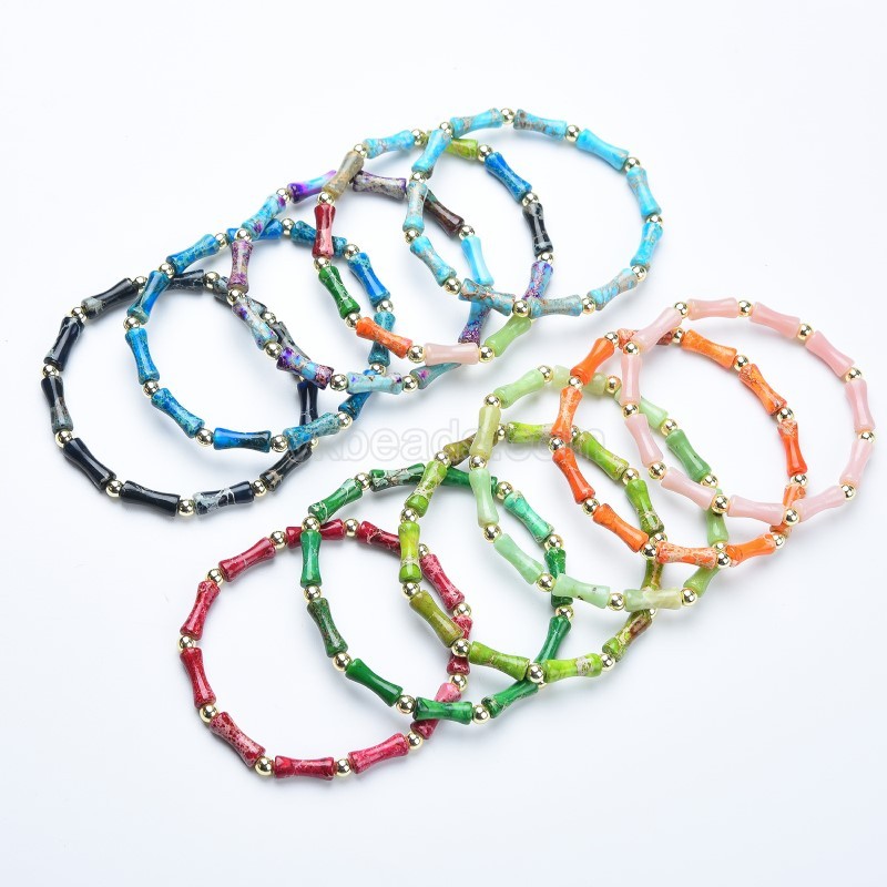 Multicolor Imperial Jasper Bamboo Joints Stretch Bracelets, Approx 5x13mm, Sell by Piece
