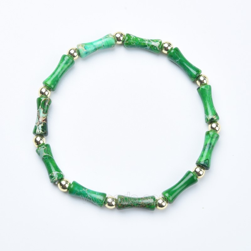 Green Imperial Jasper Bamboo Joints Stretch Bracelets, Approx 5x13mm, Sell by Piece