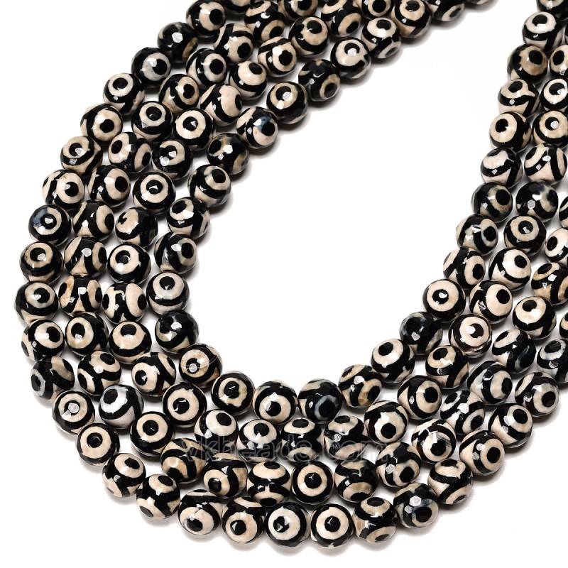 3-Eye Pattern Black&White Tibetan dZi Agate Faceted Round Beads Strands, Approx 6-12mm, 38cm/strand