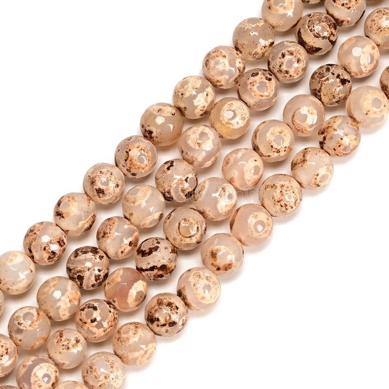 3-Eye Pattern Light Brown Retro Tibetan dZi Agate Faceted Round Beads Strands, Approx 8mm, 38cm/strand