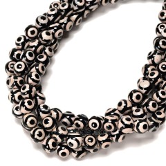 3-Eye Pattern Black&White Tibetan dZi Agate Smooth Round Beads Strands, Approx 6-12mm, 38cm/strand