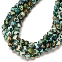 Turtle Back Pattern Green Tibetan dZi Agate Faceted Round Beads Strands, Approx 8mm, 38cm/strand