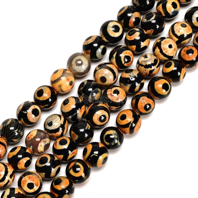 3-Eye Pattern Ivory Yellow Tibetan dZi Agate Smooth Round Beads Strands, Approx 6-10mm, 38cm/strand