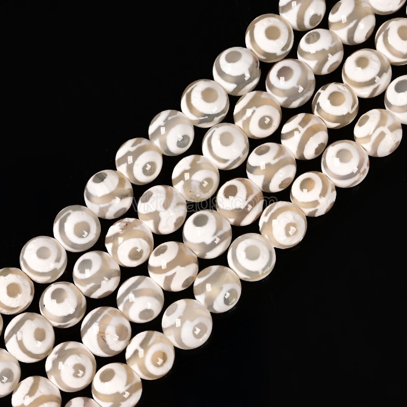 3-Eye Pattern Grey Tibetan dZi Agate Smooth Round Beads Strands, Approx 6-8mm, 38cm/strand