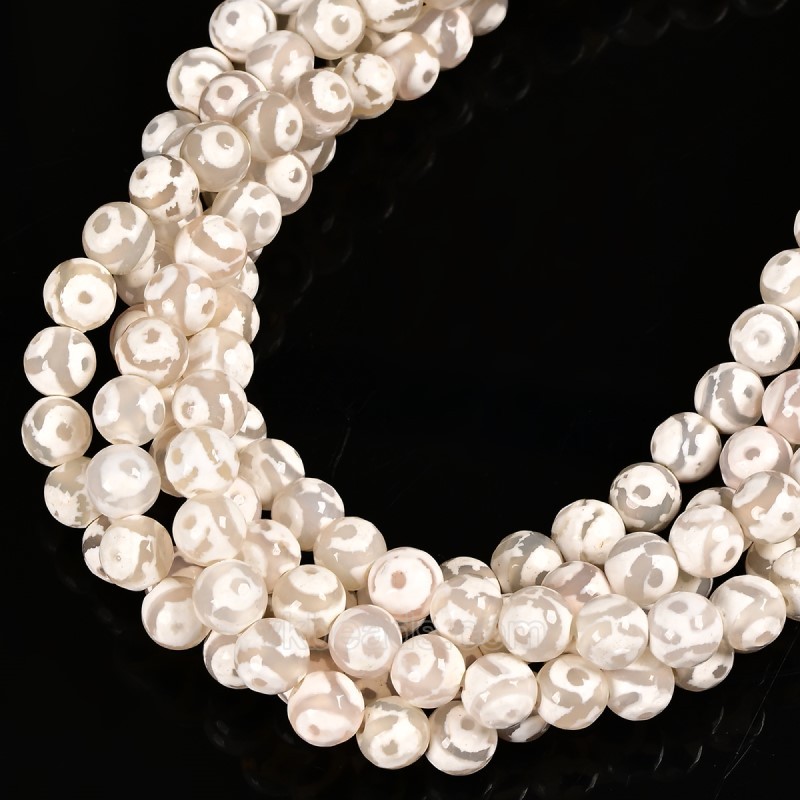 3-Eye Pattern Grey&White Tibetan dZi Agate Faceted Round Beads Strands, Approx 6-10mm, 38cm/strand