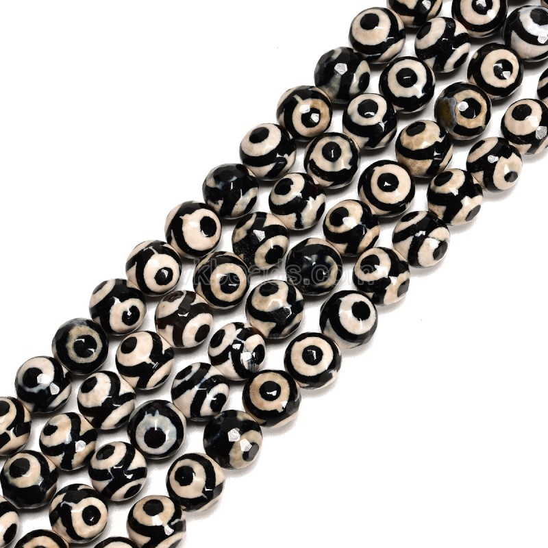 3-Eye Pattern Black&White Tibetan dZi Agate Faceted Round Beads Strands, Approx 6-12mm, 38cm/strand
