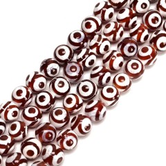 3-Eye Pattern Red&White Tibetan dZi Agate Smooth Round Beads Strands, Approx 8-10mm, 38cm/strand