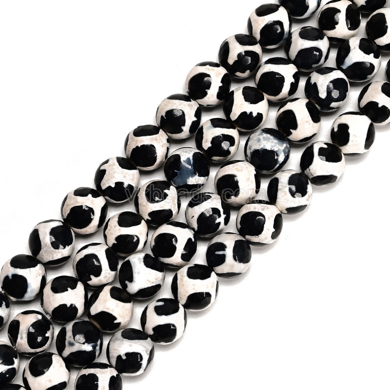 Turtle Back Pattern Black&White Tibetan dZi Agate Faceted Round Beads Strands, Approx 6-12mm, 38cm/strand