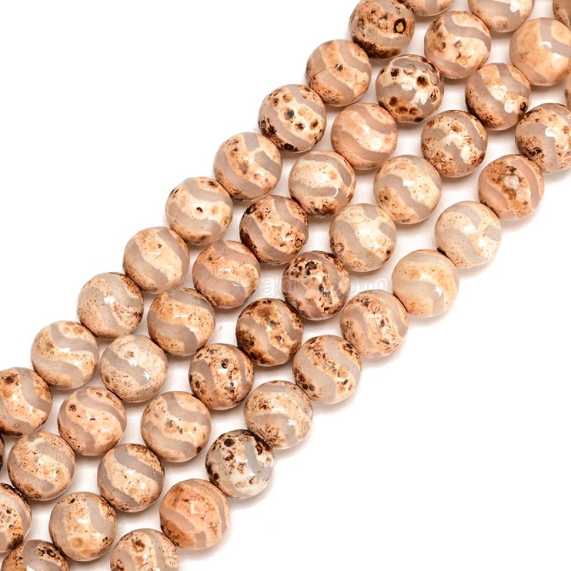 Wave Pattern Light Brown Retro Tibetan dZi Agate Faceted Round Beads Strands, Approx 8mm, 38cm/strand
