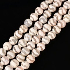 Grey Water Wave Pattern White Tibetan dZi Agate Faceted Round Beads Strands, Approx 6-10mm, 38cm/strand