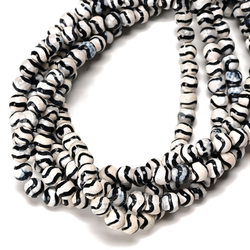 Black Water Wave Pattern White Tibetan dZi Agate Faceted Round Beads Strands, Approx 6-12mm, 38cm/strand