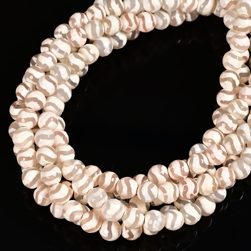 Grey Water Wave Pattern White Tibetan dZi Agate Faceted Round Beads Strands, Approx 6-10mm, 38cm/strand