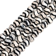 Black Water Wave Pattern White Tibetan dZi Agate Faceted Round Beads Strands, Approx 6-12mm, 38cm/strand