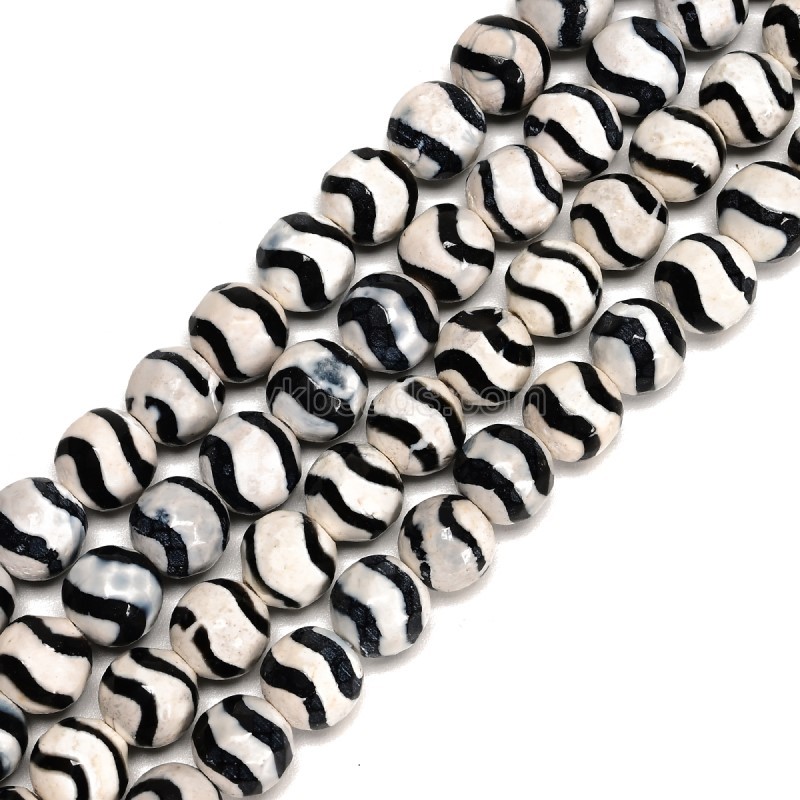 Black Water Wave Pattern White Tibetan dZi Agate Faceted Round Beads Strands, Approx 6-12mm, 38cm/strand