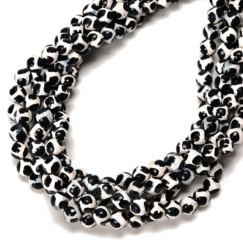 Turtle Back Pattern Black&White Tibetan dZi Agate Faceted Round Beads Strands, Approx 6-12mm, 38cm/strand