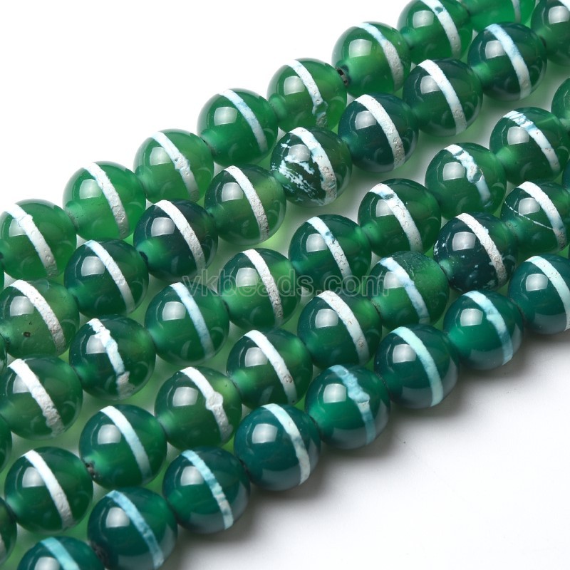 Green Tibetan White Stripe dZi Agate Smooth Round Beads Strands, Approx 8-10mm, 38cm/strand