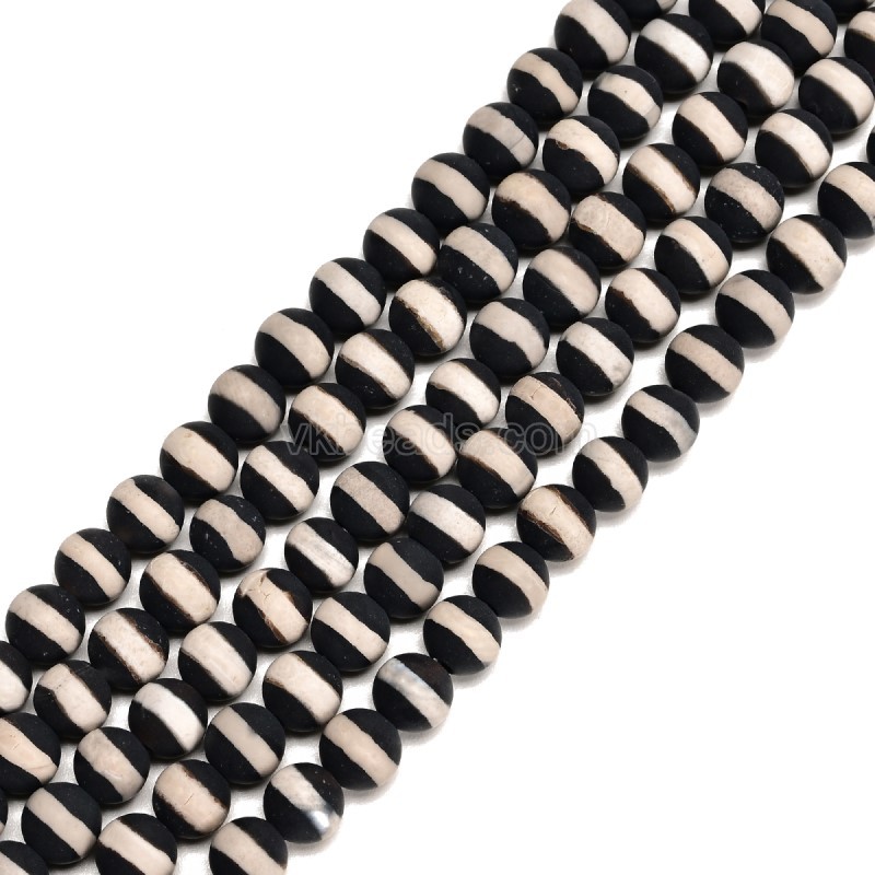 White Stripe Black Tibetan dZi Agate Matte Round Beads Strands, Approx 6-10mm, 38cm/strand