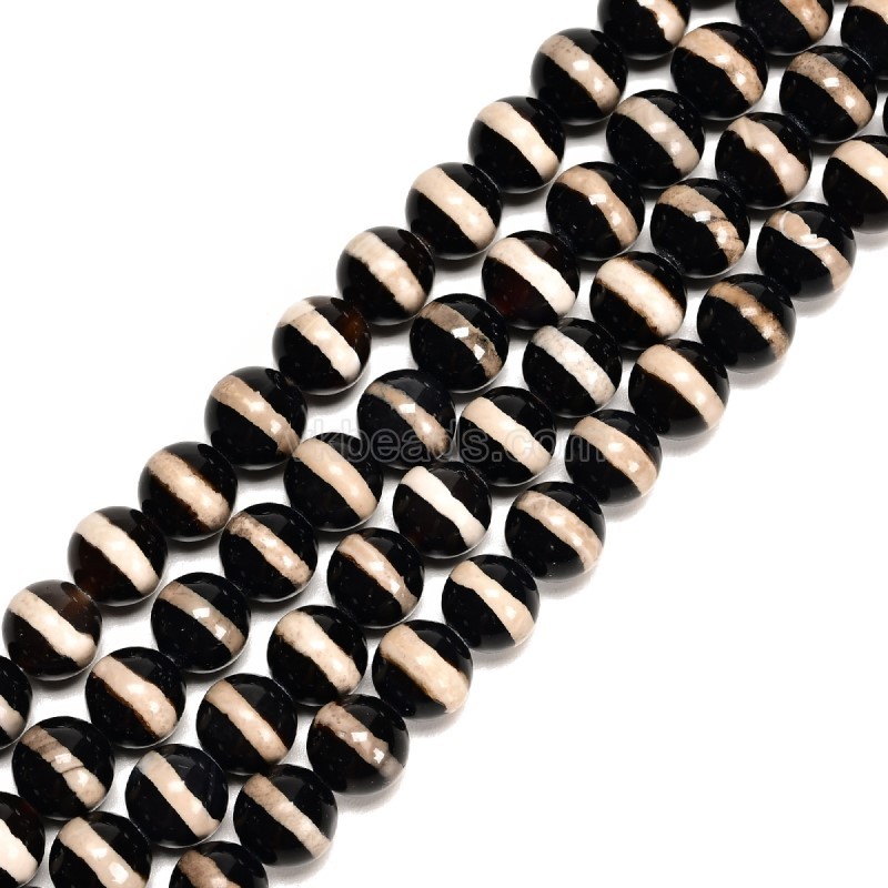 White Stripe Black Tibetan dZi Agate Smooth Round Beads Strands, Approx 6-12mm, 38cm/strand