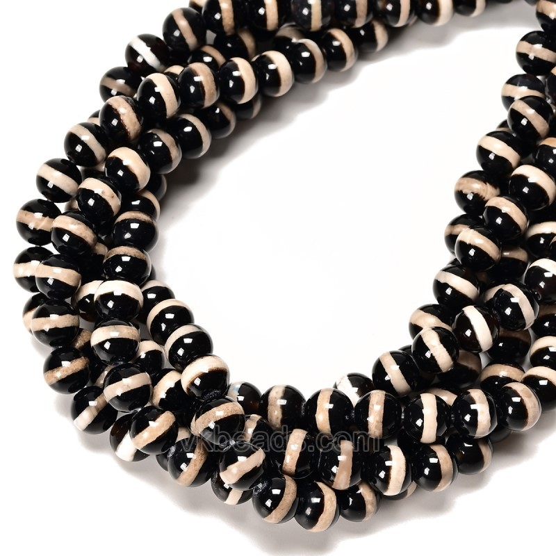 White Stripe Black Tibetan dZi Agate Smooth Round Beads Strands, Approx 6-12mm, 38cm/strand