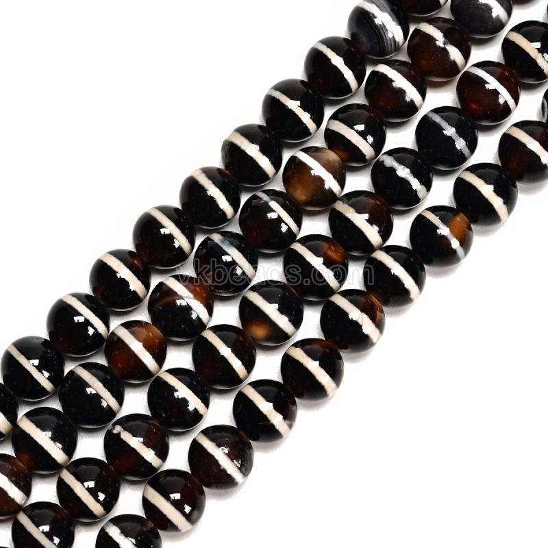 White Stripe Dark Brown Tibetan dZi Agate Smooth Round Beads Strands, Approx 6-8mm, 38cm/strand