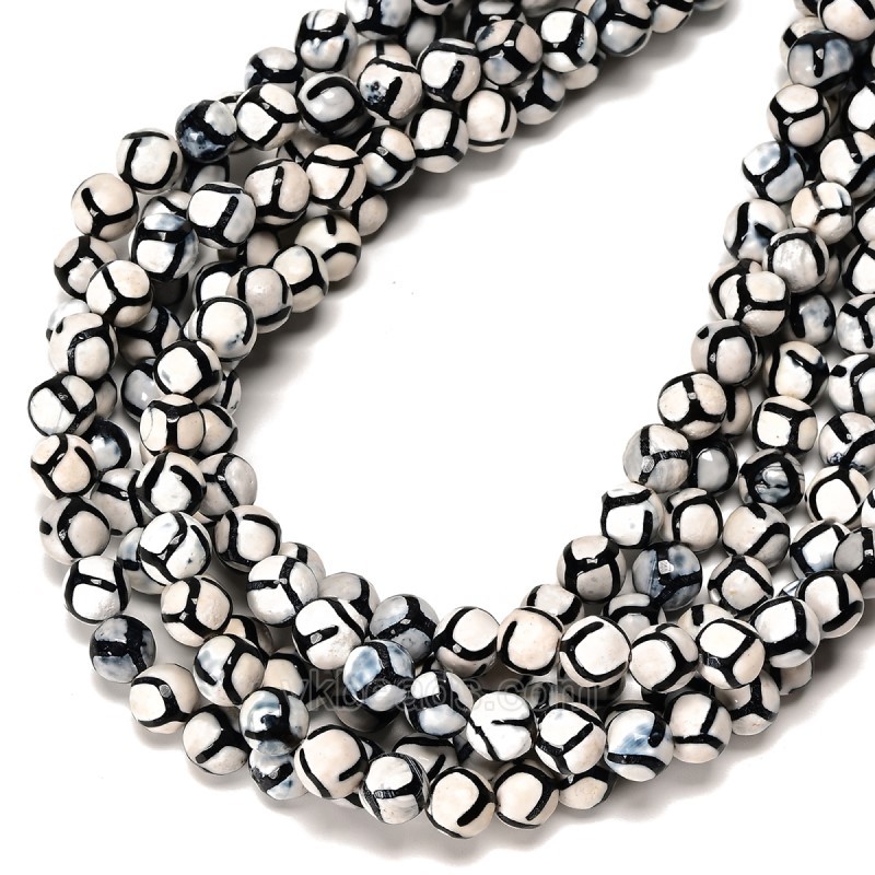 Football Pattern White Tibetan dZi Agate Faceted Smooth Beads Strands, Approx 6-12mm, 38cm/strand