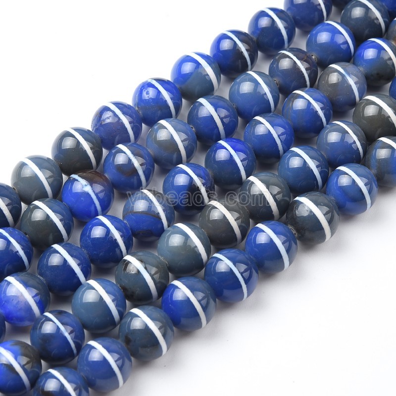 Blue Tibetan White Stripe dZi Agate Smooth Round Beads Strands, Approx 10mm, 38cm/strand